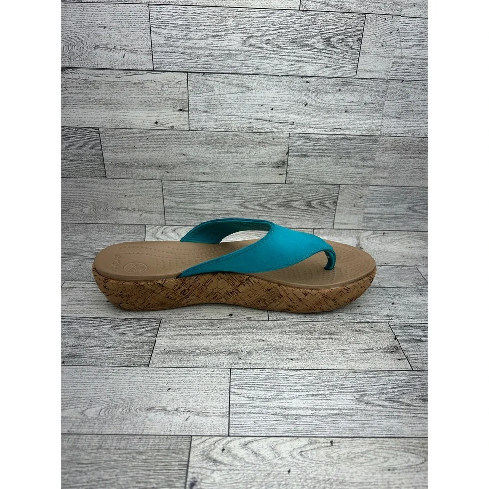 Crocs A-Leigh Leather Platform Flip Flop Wedge Sandals Turquoise Womens 8 14933
